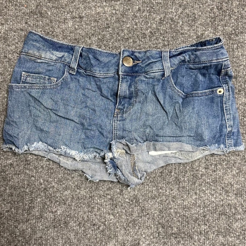 Topshop Denim Shorts Womens Size 4 Blue Moto Raw Hem Frayed Casual Summer Cutoff